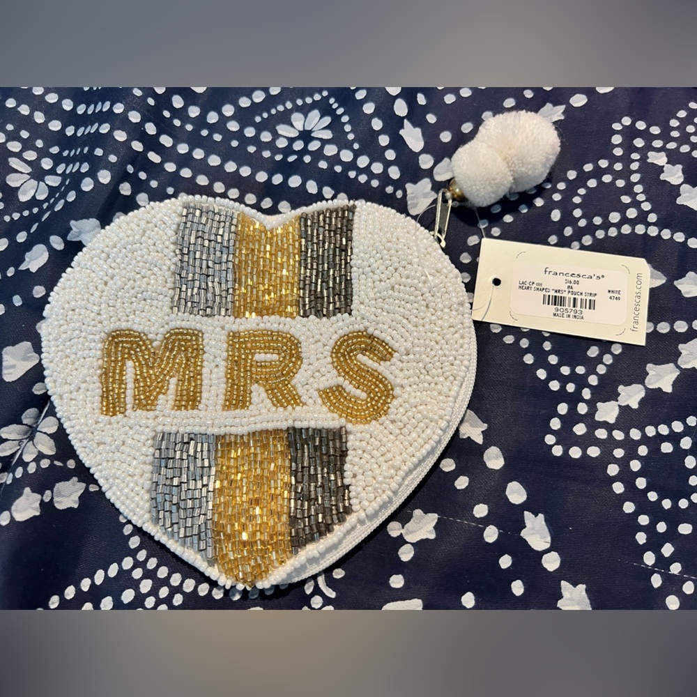 NWT! Francesca's Collections White Heart MRS Pouch